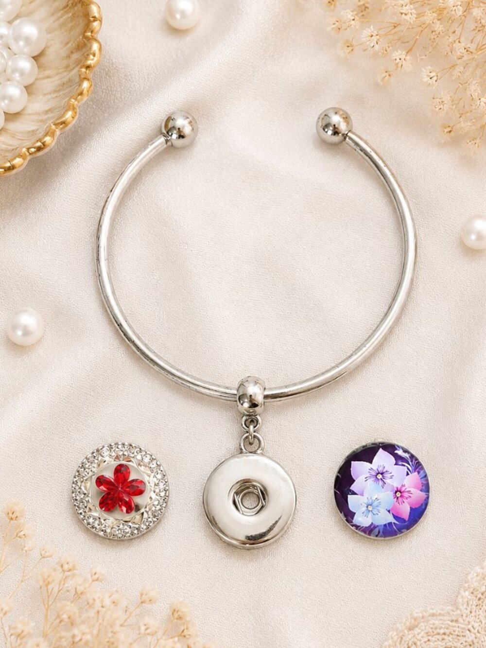 Silver Snap Charm Cuff Bracelet Ruby & Purple Flower Interchangeable Snaps